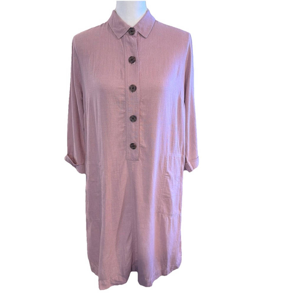 J. Jill‎ Dress Womens Sz S Linen Blend Pink Mauve 3/4 Sleeve Knee Length Buttons